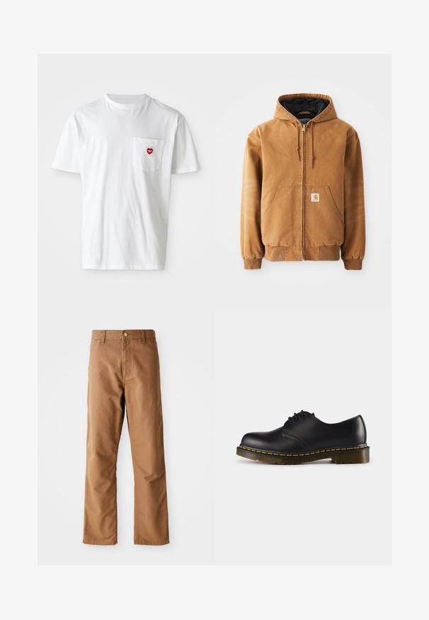 Pruun tõmblukuga kapuutsiga jope esi taskutega, nöörid, ribakudumi mansetid ja väike ruudukujuline silt vasakus taskus.; Valge puuvillane T-särk ümmarguse kaelusega ja lühikeste varrukatega. Vasakul rindkere taskul on väike punane südamelogo.; Pruunid sirged püksid vööloopidega, esiküljel taskud, nupuga kinnitamine ja lukuga lend valgel taustal.; Musta nahkne saabas ümarate varvastega, nööridega kinnise disainiga, kollase õmblusega tallal ja paksu, tekstuurse kummist tallaga.