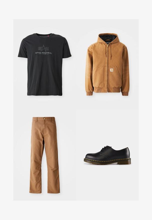 Brun zip-up hettegenser med frontlommer, snor i hetta, ribbestrikkede mansjetter, og et lite kvadratisk merke på venstre lomme.; Svarte bomull crew neck t-skjorte med teksturert logo-trykk med ordene "ALPHA INDUSTRIES" og et trekantet design i midten.; Brune rette bukser med bæltestropper, frontlommer, knaplukning og lynlås på en hvid baggrund.; Sorte skinnsko med rund tå, snøringsdesign, gul søm langs sålen og en kraftig, teksturert gummisåle.