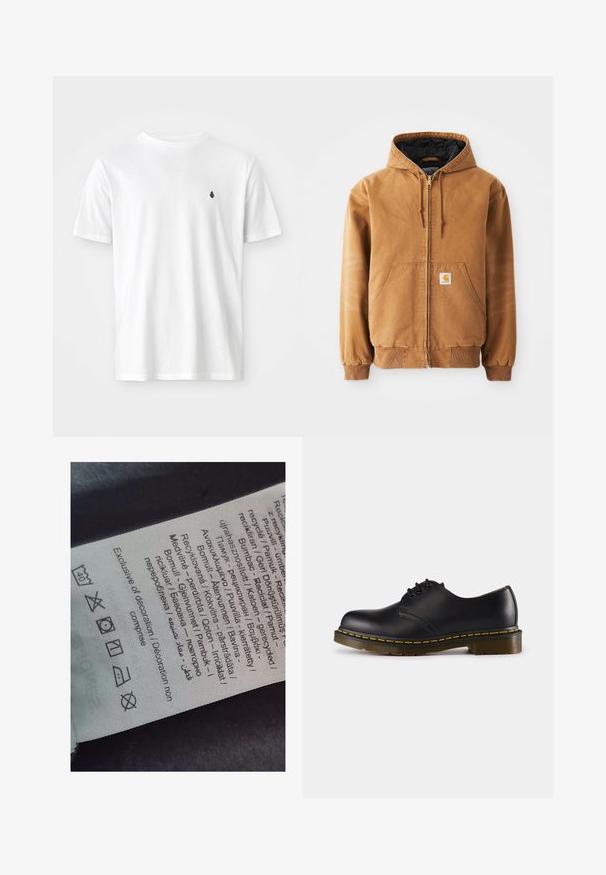 Καφέ φούτερ μπουφάν με φερμουάρ και κουκούλα, εμπρός τσέπες, κορδόνια, ribbed μανίκια και μια μικρή τετράγωνη ετικέτα στην αριστερή τσέπη.; Λευκό βαμβακερό μπλουζάκι με κλασικό λαιμόκοψη, κοντά μανίκια και ένα μικρό μαύρο λογότυπο στο αριστερό στήθος. Λείος υφής, άνετη εφαρμογή.; Ετικέτα με κείμενο σε πολλές γλώσσες, σύμβολα φροντίδας και εικονίδια ανακύκλωσης, τυπωμένα σε απαλό υλικό που μοιάζει με ύφασμα σε ανοιχτό χρώμα.; Μαύρο δερμάτινο παπούτσι με στρογγυλή μύτη, σχέδιο με κορδόνια, κίτρινο ράψιμο κατά μήκος της σόλας και χοντρή, υφασμένη λαστιχένια σόλα.