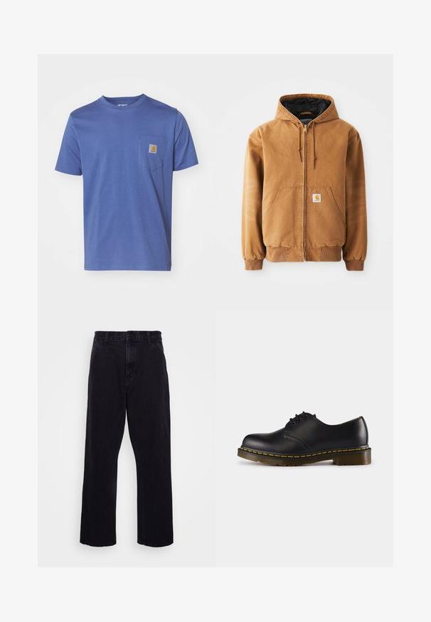 Rjava zip-up jakna s kapuco, sprednjimi žepe, vrvicami, rebrastimi manšetami in majhno kvadratno oznako na levem žepu.; Modra bombažna majica s krožnim ovratnikom in kratkimi rokavi, ki ima žep na prsih z majhno blagovno oznako. Gladka tekstura.; Črne denim hlače s ravnim krojem, z gumbom in zadrgo, pasom za obleko ter minimalnimi šivi.; Črn usnjen čevelj z zaobljenim nosom, zavezovanje z vezalkami, rumena šivanka ob podplatu in masiven, teksturiran gumijast podplat.