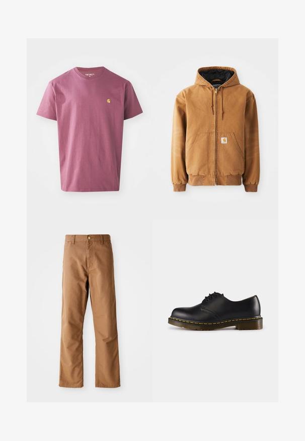 Pruun tõmblukuga kapuutsiga jope esi taskutega, nöörid, ribakudumi mansetid ja väike ruudukujuline silt vasakus taskus.; Lilla puuvillane T-särk ümmarguse kaelusega, lühikeste varrukatega ja väikese kollase logoga vasakul rinnal. Lihtne, ühtlase värviga disain.; Pruunid sirged püksid vööloopidega, esiküljel taskud, nupuga kinnitamine ja lukuga lend valgel taustal.; Musta nahkne saabas ümarate varvastega, nööridega kinnise disainiga, kollase õmblusega tallal ja paksu, tekstuurse kummist tallaga.