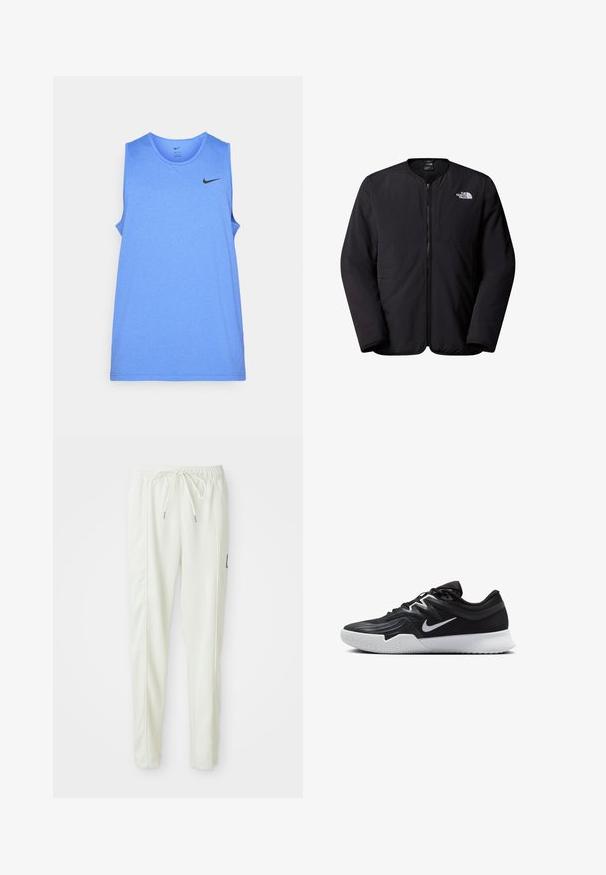 Juodas izoliuotas paltas su apvaliu iškirpimu, priekyje užtrauktukas ir balta "The North Face" logo viršutiniame kairiajame krūtinės kampe. Lygus audinys.; Šviesiai mėlynas be rankovių sportinis marškinėlis, pagamintas iš lygaus audinio. Yra apvalus iškirpimas ir juodas Nike logotipas viršutiniame kairiajame kampe.; Baltos lieknos jogger kelnes su elastinga juosta ir raišteliu, turinčios šonines siūles ir mažą juodą emblemą dešinėje kojoje.; Juodos sportinės bateliai su tekstūruota viršutine dalimi, balta Nike swoosh ir balta gumine išorine dalimi. Yra su raištelių užsegimo dizainu ir dinamine forma.