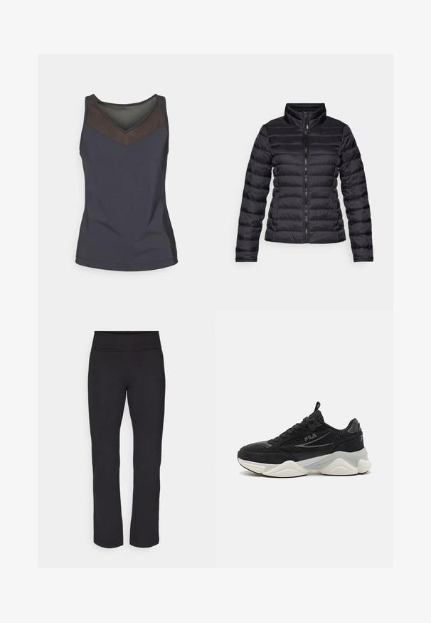 Črn napihnjen plašč z visokim ovratnikom, vodoravno prešit design, poln sprednji zadrgo in oprijetimi rokavi. Gladka, sijoča tekstura.; Fila ANGELIKA - Top - black; Črne legice iz gladkega, raztegljivega materiala s širokim pasom. Imajo ravne hlačnice, ki segajo do tal, brez vidnih vzorcev ali dodatkov.; Črne teniske iz mrežastega materiala in usnja, z debelim podplatom, zaobljeno obliko, subtilnimi sivozelenimi detajli in blagovno znamko na strani.