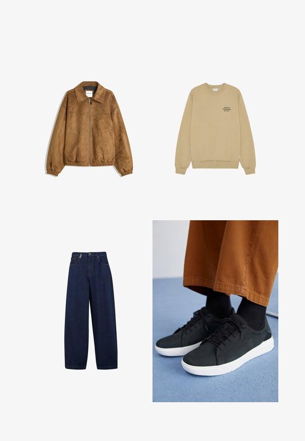 Brun faux suede jacka med zip-fram, spetsig krage, elastiska ärmslut och fåll, med sidofickor och en slät yta.; Beige crewneck-tröja med långa ärmar, ribbade muddar och fåll, med liten svart text "LES DEUX COPENHAGEN EST. 2011" på vänster bröst.; Lösa mörkblå denimjeans med hög midja, framfickor och rakt benformat. Inkluderar silverfärgade detaljer och minimal sömnad.; Svarta mockaskor med vita gummisålar, med snörning, texturerade detaljer och subtil branding, kombinerade med bruna byxor.