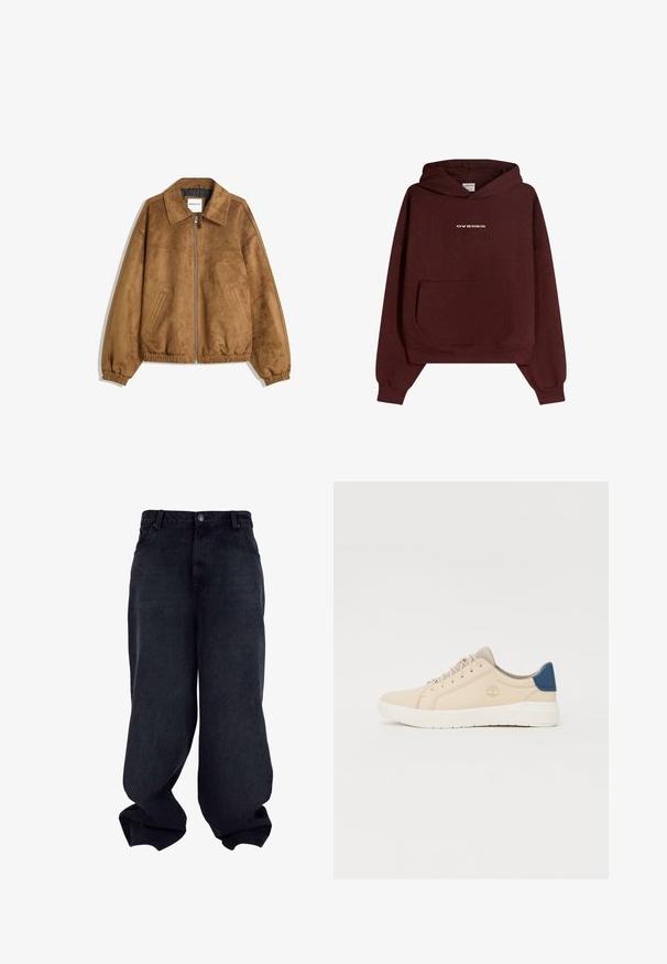 Giacca in finta pelle scamosciata marrone con zip sul davanti, colletto a punta, polsini ed orlo elastici, caratterizzata da tasche laterali a scomparsa e una texture liscia.; Felpa bordeaux con tasca frontale, caratterizzata da un logo dorato "OVRNRM". Realizzata in morbido cotone, presenta una vestibilità comoda e polsini a costine.; Pantaloni in denim neri a gamba larga con una texture liscia, design a cinque tasche e chiusura con bottone. Presenta una vestibilità rilassata e un orlo affusolato.; Sneakers beige in suede, con suola bianca, lacci beige e un dettaglio blu sul tallone. Logo impresso di lato.