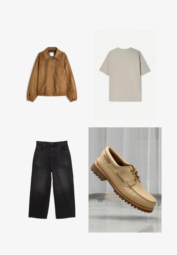 Hnedá faux semišová bunda so zipsom vpredu, špicatým golierom, elastickými manžetami a lemovaním, s bočnými vreckami a hladkou textúrou.; Bežové bavlnené tričko s krátkymi rukávmi. Má jednoduchý dizajn a okrúhly výstrih. Hladká textúra s minimálnym šitím na zadnej strane.; Čierne riflové nohavice s širokými nohavicami majú vysoký pás, päť vreciek, jemné vyblednutie a prešité detaily na vonkajších stehnách.; Svetlohnedé kožené lodné topánky s hrubou, akoby ryhovanou podrážkou a detailmi šnurovania, plávajúce nad mramorovou podlahou a pozadím bielych vertikálnych roliet.