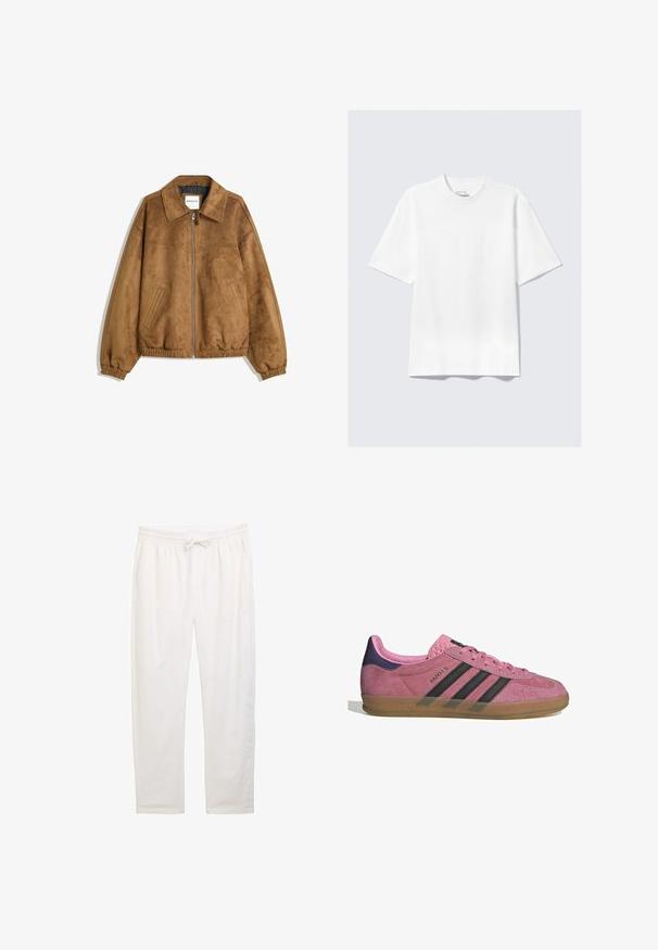 Smeđa lažna suđena jakna s patentnim zatvaračem, šiljastim ovratnikom, elastičnim manžetama i rubom, s bočnim džepovima i glatkom teksturom.; Pola bijela majica kratkih rukava s opuštenim krojem razložena na svijetlosivoj pozadini.; Bijele široke lounge hlače s elastičnim pojasom i vezicom, s bočnim džepovima i glatkom, mekanom teksturom.; Roze nubuk tenisice s crnim prugama, gumeni potplat i teksturirani ljubičasti petni dio. Imaju vezivanje i utisnuti brend na strani.
