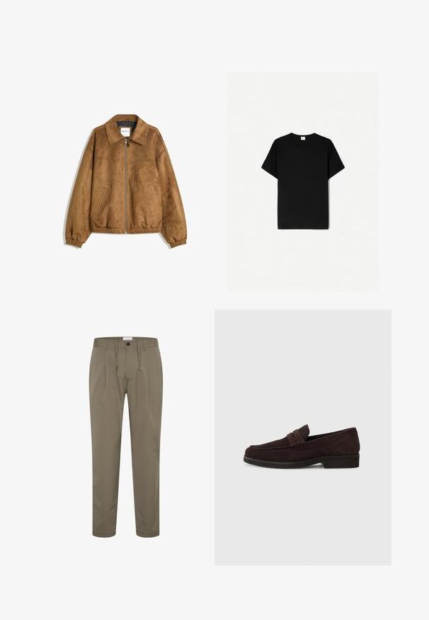 Rjava jakna iz umetnega semiša z zadrgo spredaj, koničastim ovratnikom, elastičnimi manšetami in robom, ki ima stranske žepe in gladko teksturo.; Črna kratkodlaka majica s kratkimi rokavi, krojena z okroglim izrezom, izdelana iz mehkega bombažnega materiala, z gladko teksturo in brez vidnih vzorcev ali dodatkov.; Olivnozeleni hlače iz gladkega blaga z sproščenim krojem, elastičnim pasom z vrvico in dvema prednjima plitvama za dodatno zasnovo.; Brazdni zamšasti loaferi z nizkim profilom in okroglo prstjo. Imajo dekorativni pas čez zgornji del, ravno gumijasto podplat in brez vidnih šivov.