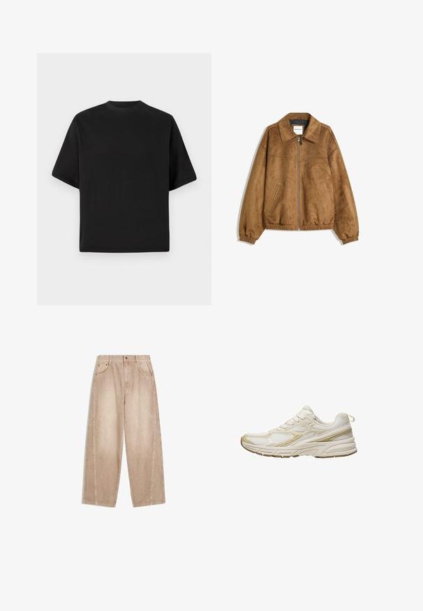 Brun faux suede jakke med lynlås foran, spidse krave, elastiske manchetter og kant, med sidelommer og en glat tekstur.; Sort T-shirt med kortærmer i løs pasform, lavet af glat bomuld, med rund halsudskæring og minimalistisk design.; Beige kordfløjl brede bukser med lodrette ribber, der har forlommer, bæltestropper og en lynlåsfront med knaplukning.; Hvide atletik-sko lavet af mesh og syntetisk materiale, med en rund tå, polstret sål og beige accenter på siderne.