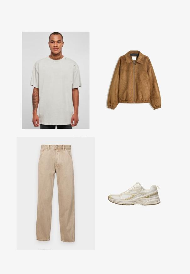 Brązowa kurtka z sztucznego zamszu z zamkiem błyskawicznym z przodu, spiczastym kołnierzem, elastycznymi mankietami i dolnym obszyciem, z bocznymi kieszeniami i gładką teksturą.; Jasnoszara, oversize t-shirt z okrągłym dekoltem i surowymi krawędziami. Posiada postrzępione detale na ramionach i krótkich rękawach.; Beżowe dżinsy o prostym kroju, z przednimi kieszeniami, metalowym zapięciem na guzik i delikatną teksturą.; Białe sportowe buty wykonane z siateczki i materiału syntetycznego, z okrągłym noskiem, amortyzowaną podeszwą i beżowymi akcentami po bokach.