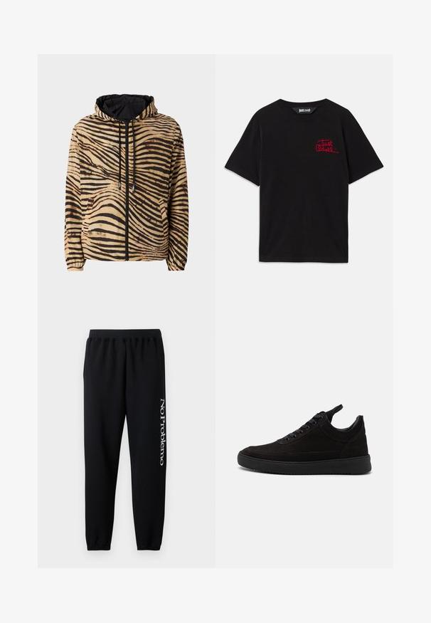 Kaputna jakna u bež i crnoj tigrovom uzorku, s prednjim patentnim zatvaračem, elastičnim manžetama i logom na lijevoj strani.; Crna pamučna majica s kratkim rukavima i okruglim izrezom. Na prednjem lijevom dijelu ima crveno izvezeno "Just Cavalli" logotip.; Crne trenirke s elastičnim pojasom, sužene na gležnjevima i bijelim natpisom "No Problemo" otisnutim na lijevoj nozi. Mekani pamučni materijal.; Crne suede tenisice s okruglim vrhom, vezanjem sprijeda, podstavljenim ovratnikom i teksturiranom gumenom potplatom za bolje prianjanje. Minimalistički dizajn i glatka završna obrada.