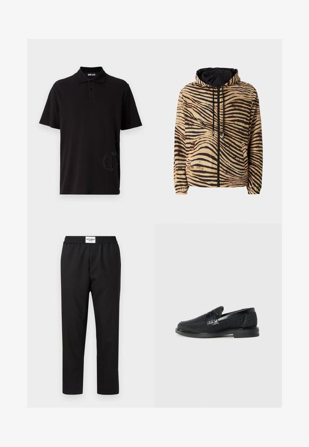 Kapitánová bunda v béžovém a černém tygřím pruhu, s předním zipem, elastickými manžetami a logem na levé straně.; Černé polo tričko vyrobené z bavlny, s dvouknoflíkovou légou, krátkými rukávy a texturovaným logem v černé barvě na spodní levé straně.; Černé kalhoty s elastickým pasem. Vyrobené z hladké, lehké tkaniny. Mají rovný střih a minimální zdobení.; Černé pletené nazouvací boty s hladkým koženým akcentem na svršku, kulatou špičkou a nízkoprofilovou gumovou podrážkou.
