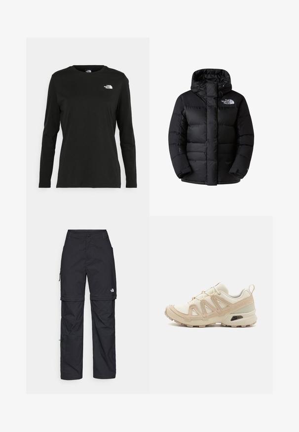 Melnā pūkaina jakā ar augstu apkakli, rāvējslēdzēju un pogu aizdares. Iekļauj quilted sekcijas un logo augšējā kreisajā krūtī.; Melnas garām piedurknēm T-krekls, izgatavots no kokvilnas ar apaļu kaklu. Tam ir mazs balts logo kreisajā krūtīs. Vienkāršs dizains un piegulums.; Melni nailona bikses ar noņemamām kājām, regulējamiem uzmavām, vairākām kabatām un logotipu uz labās kājas. Gluda, viegla tekstūra.; Beige un krēma sporta apavi ar strukturētu tīkla virsmu, atbalstošajiem slāņiem un gumijas zoli ar protektoru rakstu, kas nodrošina saķeri.