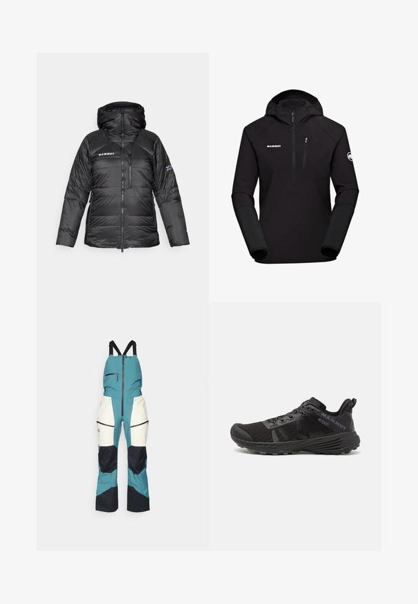 Sort pufferjakke med lynlåslukning, justerbar hætte og Mammut-logo. Har quiltet design og sidelommer for praktisk brug.; Sort Mammut-jakke med hætte, der har en lynlåslukket brystlomme, tekstureret krop og glatte ærmer for et kontrastfuldt design.; Peak Performance VERTICAL GORE-TEX PRO BIB - Skibukser - hydro fresh/sand fog; Sort løbesko med en tekstureret mesh-overdel, forstærket tåhætte og gummi-sål. Har snøresystem og logo-detaljer på siden.