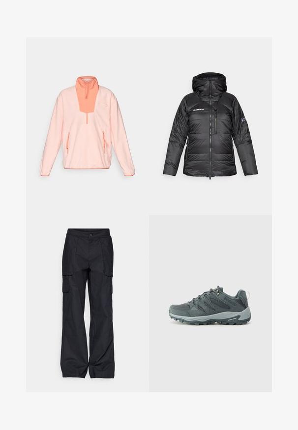Zwarte pufferjack met ritsluiting, verstelbare capuchon en Mammut-logo. Heeft een gewatteerd ontwerp en zijzakken voor functionaliteit.; Lichtroze fleece pullover met een halve rits kraag, contrasterend koraalkleurig voorpaneel en twee rits zakken aan de zijkant. Zachte textuur, ontspannen pasvorm.; Columbia BREA FALLS™ COTTON RIPSTOP PANT - Outdoorbroeken - black; Donkergrijze wandelschoenen met bovenwerk van mesh en suede, vetersluiting, gevoerde zool en robuuste buitenzool met grippatroon.