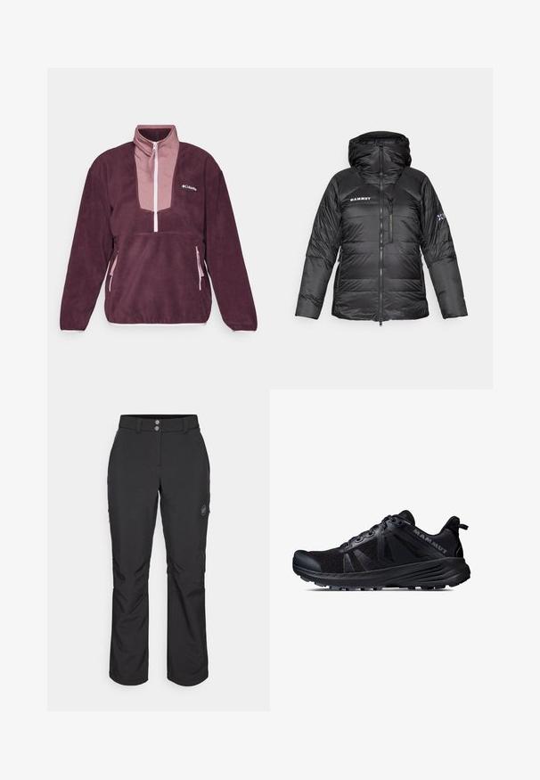 Sort pufferjakke med lynlåslukning, justerbar hætte og Mammut-logo. Har quiltet design og sidelommer for praktisk brug.; Columbia SEQUOIA GROVE™ 1/2 ZIP - Fleecetrøjer - moonvista/fig/pink dawn; Sorte udendørsbukser med lige snit, der har knaplukning, lynlåslommer i siderne og et logo-patch på venstre lår.; Sort trailsko til løb med mesh-overdel og gummisål. Har strukturerede overflader, forstærket tåhætte og brandlogo på hælen.