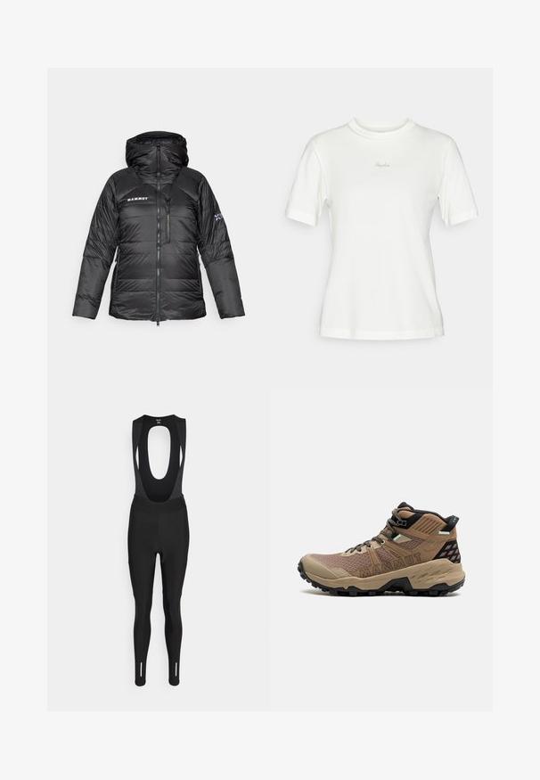 Sort pufferjakke med lynlåslukning, justerbar hætte og Mammut-logo. Har quiltet design og sidelommer for praktisk brug.; Hvid kortærmet t-shirt lavet af blødt bomuld, med rund halsudskæring og en diskret broderet "Rapha" logo på brystet.; Rapha WOMENS CORE CARGO WINTER WITH PAD - Tights - black; Høje vandrestøvler lavet af tan syntetisk materiale med tekstureret mesh, sorte accenter og en robust sål designet til greb.