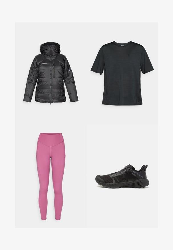 Fekete puffertakaró kabát cipzárral, állítható kapucnival és Mammut logóval. Tűzött dizájn és oldalsó zsebek a praktikus használat érdekében.; Fekete, rövid ujjú sportpóló, könnyű, nedvességelvezető anyagból készült. Kerek nyakkivágással és kis logóval rendelkezik a mellkason.; Rózsaszín leggings, rugalmas anyagból, magas derékkal, oldalsó zsebekkel és kontrasztos varrási részletekkel. Az anyag sima tapintású.; Fekete futócipő textúrázott hálós felsőrésszel, megerősített orral és gumi talppal. Felszereltsége fűzős rendszer és logó részletezés az oldalon.