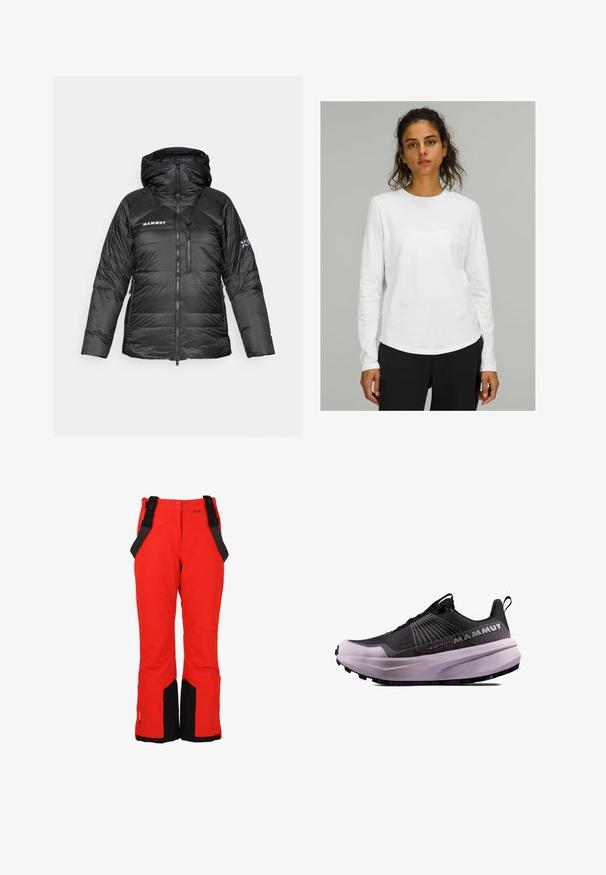 Zwarte pufferjack met ritsluiting, verstelbare capuchon en Mammut-logo. Heeft een gewatteerd ontwerp en zijzakken voor functionaliteit.; Witte langlevende t-shirt met een ronde halslijn en een licht gebogen zoom. Gemaakt van gladde stof, met ingesneden mouwen en een relaxte pasvorm.; Rode sneeuwbroek met zwarte accenten, verstelbare bretels, brede pijpen en ritszakken voor functionaliteit en comfort in winterse omstandigheden.; Zwarte en paarse trailrun-schoen met een gestructureerde bovenkant, gevoerde zool en opvallend logo. Kenmerkt een vetersluiting en duurzame profiel.