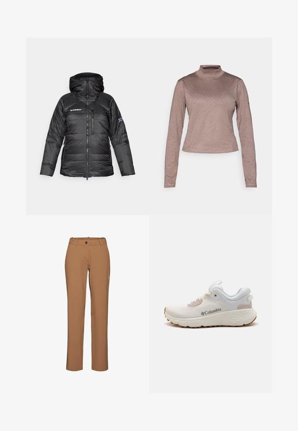 Mustmust rõngaga must puffer jakk, reguleeritava kapuutsiga ja Mammut'i logo. Omab tikanditud disaini ja küljetaskute funktsionaalsust.; Columbia GRANITE POINT™ - Pikkade varrukatega topp - iron; Mammut Õuepüksid - claystone; Kerged Columbia spordijalanõud valgest võrgust, millel on tekstureeritud hall tall ja kummist haardepind. Omaduseks on polsterdatud krae ja nööridega kinnitussüsteem.