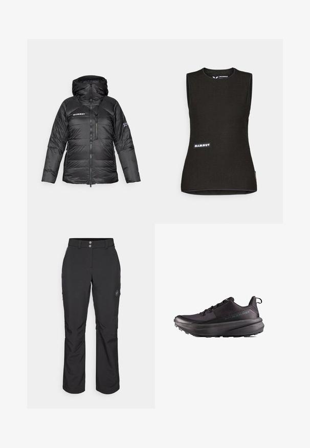 Mustmust rõngaga must puffer jakk, reguleeritava kapuutsiga ja Mammut'i logo. Omab tikanditud disaini ja küljetaskute funktsionaalsust.; Mustat ilmaäratavad särk ilma varrukateta, millel on tekstuuriga muster, ümmargune kaelus ja esiküljel "MAMMUT" logo. Valmistatud hingavast materjalist.; Mustad mustad püksid sirge lõikega, millel on nööbiga kinnitamine, lukuga küljetaskud ja logomärk vasakul reiel.; Mustad mustas sportijalatsid, mis omavad hingavat ülemist osa, tekstureeritud talla ja silmapaistvat pehmendatud vaheosa. Tootel on tõmblukk ja seotud disain.
