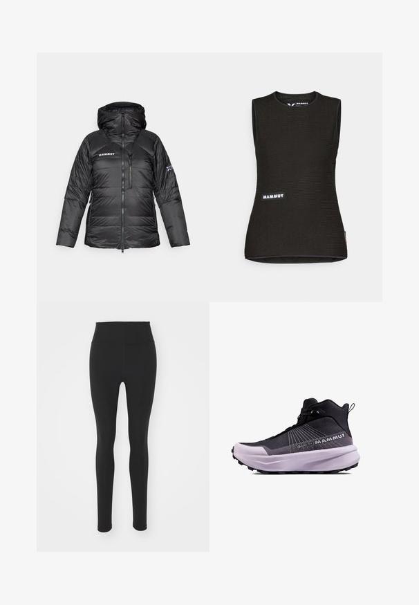 Zwarte pufferjack met ritsluiting, verstelbare capuchon en Mammut-logo. Heeft een gewatteerd ontwerp en zijzakken voor functionaliteit.; Zwart mouwloos shirt met een textuurpatroon, voorzien van een ronde halslijn en een "MAMMUT" logo op de voorkant. Gemaakt van ademend materiaal.; Zwarte high-waisted leggings van rekbaar materiaal, met een gladde textuur en een aansluitend ontwerp, tot aan de enkel zonder patronen.; Zwarte en paarse wandelschoenen met een gestructureerde bovenkant, Gore-Tex branding en een gevoerde zool met een robuust profiel voor grip.