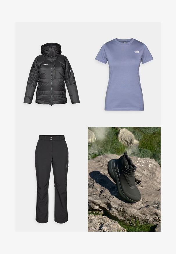 Μαύρο μπουφάν με φούσκα, με κλείσιμο φερμουάρ, ρυθμιζόμενη κουκούλα και λογότυπο Mammut. Διαθέτει ραμμένο σχέδιο και πλαϊνές τσέπες για πρακτικότητα.; Λαμπερό μοβ κοντομάνικο μπλουζάκι από βαμβάκι, με στρογγυλή λαιμόκοψη και ένα μικρό άσπρο λογότυπο στο στήθος. Λείο ύφασμα.; Μαύρα εξωτερικά παντελόνια με ίσια γραμμή, που διαθέτουν κλείσιμο με κουμπί, φερμουάρ στις πλαϊνές τσέπες και λογότυπο στη δεξιά μηριαία περιοχή.; Μαύρο trekking μποτάκι με αδιάβροχο επάνω μέρος, υφή υλικού, ενισχυμένη υποστήριξη αστραγάλου και επώνυμες λεπτομέρειες. Παχύ πέλμα για πρόσφυση.