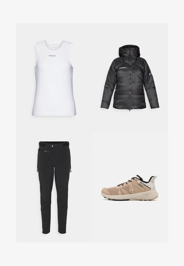 Zwarte pufferjack met ritsluiting, verstelbare capuchon en Mammut-logo. Heeft een gewatteerd ontwerp en zijzakken voor functionaliteit.; Witte mouwloze sporttop met een textuur van mesh-design. Heeft een ronde halslijn en het "GripGrab" logo in het grijs over de borst.; Zwarte outdoorbroeken van rekbaar materiaal, met ritszakken, een slim fit en een gladde textuur met versterkte kniestukken.; Herenwandelschoenen met een beige mesh bovenwerk, versterkte neuskap, zwarte accenten en een robuuste buitenzool voor grip.