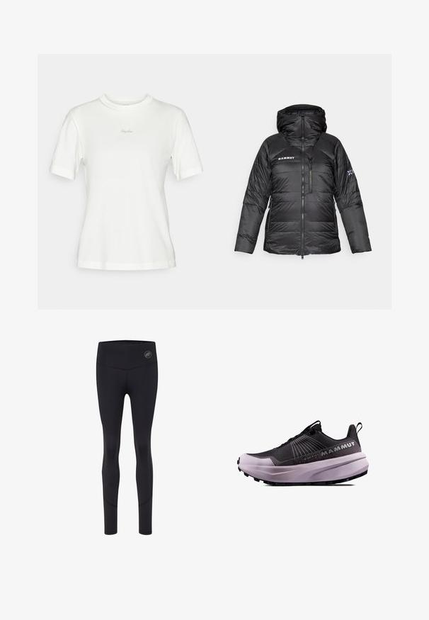 Schwarze Pufferjacke mit Reißverschluss, verstellbarem Kapuzen und Mammut-Logo. Verfügt über ein gestepptes Design und Seitentaschen für zusätzlichen Nutzen.; Weißes T-Shirt mit kurzen Ärmeln aus weicher Baumwolle, mit einem runden Halsausschnitt und dezent gesticktem "Rapha"-Logo auf der Brust.; Schwarze Sportleggings mit hohem Bund, featuring ein Logo auf der Vorderseite, glatte Textur und figurschmeichelndem Design.; Schwarzer und lila Trailrunning-Schuh mit strukturiertem Obermaterial, gepolsterter Sohle und auffälligem Logo. Verfügt über ein Schnürdesign und langlebiges Profil.