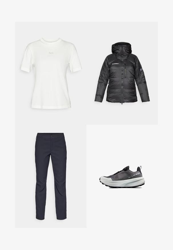 Schwarze Pufferjacke mit Reißverschluss, verstellbarem Kapuzen und Mammut-Logo. Verfügt über ein gestepptes Design und Seitentaschen für zusätzlichen Nutzen.; Weißes T-Shirt mit kurzen Ärmeln aus weicher Baumwolle, mit einem runden Halsausschnitt und dezent gesticktem "Rapha"-Logo auf der Brust.; Marineblaue Hose aus glattem Stoff mit einem vorderen Knopfverschluss, schlankem Schnitt und gefalteten Details an den Knien.; Schwarzer Sportschuh mit einem Mesh-Obermaterial, weißer gepolsterter Sohle und robustem schwarzen Außensohle. Verfügt über eine Ziehschlaufe und ein minimalistisches Schnürsystem.