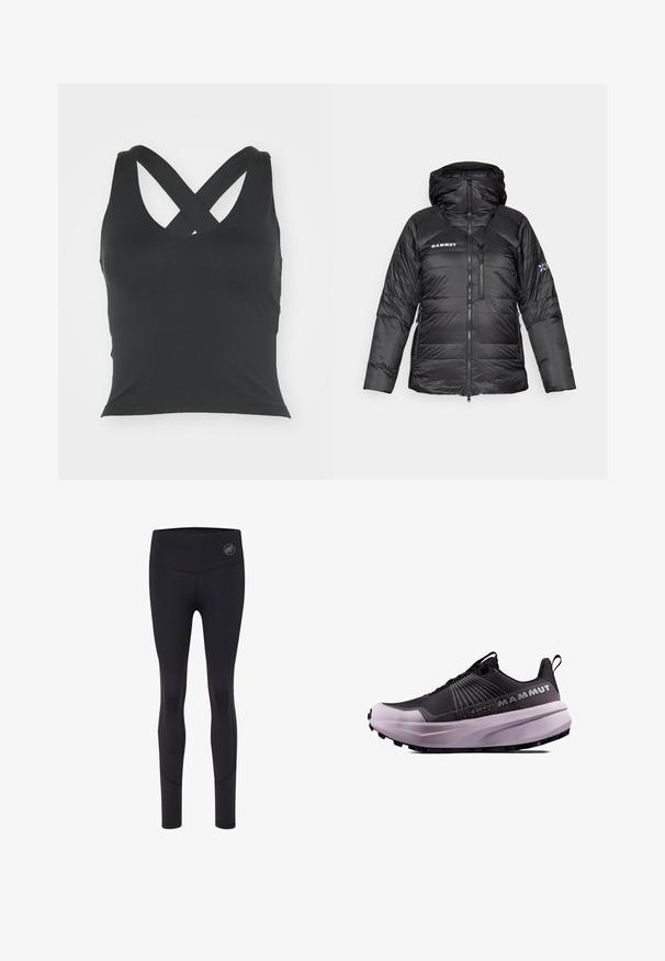 Giacca a vento nera imbottita con chiusura a zip, cappuccio regolabile e logo Mammut. Presenta un design trapuntato e tasche laterali per la praticità.; Top nero senza maniche con scollatura a barca e spalline incrociate sul retro. Realizzato in tessuto liscio con una silhouette aderente e senza decorazioni visibili.; Leggings neri sportivi con vita alta, dotati di un logo sul davanti, texture liscia e design aderente.; Scarpa da trail running nera e viola con tomaia texturizzata, suola ammortizzata e logo prominente. Presenta un design con lacci e battistrada resistente.