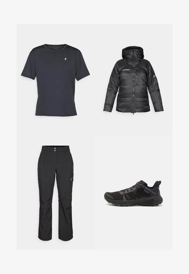 Fekete puffertakaró kabát cipzárral, állítható kapucnival és Mammut logóval. Tűzött dizájn és oldalsó zsebek a praktikus használat érdekében.; Fekete, rövid ujjú póló sima anyagból. Kerek nyakú, és a bal mellkas részen egy kis fehér logó található.; Fekete, egyenes szabású kinti nadrág, gombos záródással, cipzáros oldalzsebekkel és logóval a bal combon.; Fekete futócipő textúrázott hálós felsőrésszel, megerősített orral és gumi talppal. Felszereltsége fűzős rendszer és logó részletezés az oldalon.