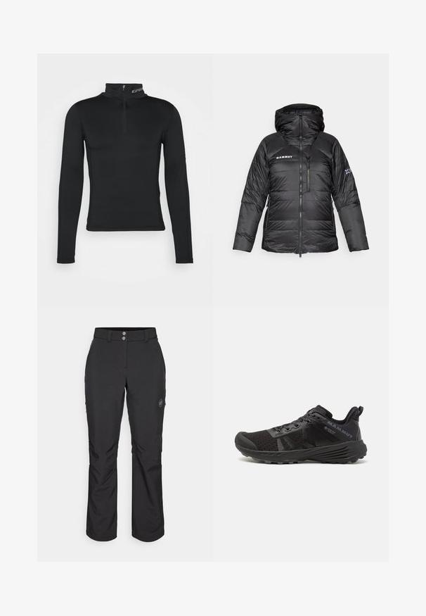 Černá péřová bunda s zipem, nastavitelnou kapucí a logem Mammut. Obsahuje prošívaný design a boční kapsy pro užitečnost.; Černý dlouhý rukáv základní vrstva s vysokým límcem a polo zipem. Hladký povrch a přiléhavý design pro optimalizovaný výkon.; Černé venkovní kalhoty se střihy rovného kroje, s knoflíkovým zapínáním, zipovými bočními kapsami a logem na levém stehně.; Černá běžecká bota s texturovaným síťovaným svrškem, zesílenou špičkou a gumovou podešví. Má systém šněrování a logo umístěné na boku.