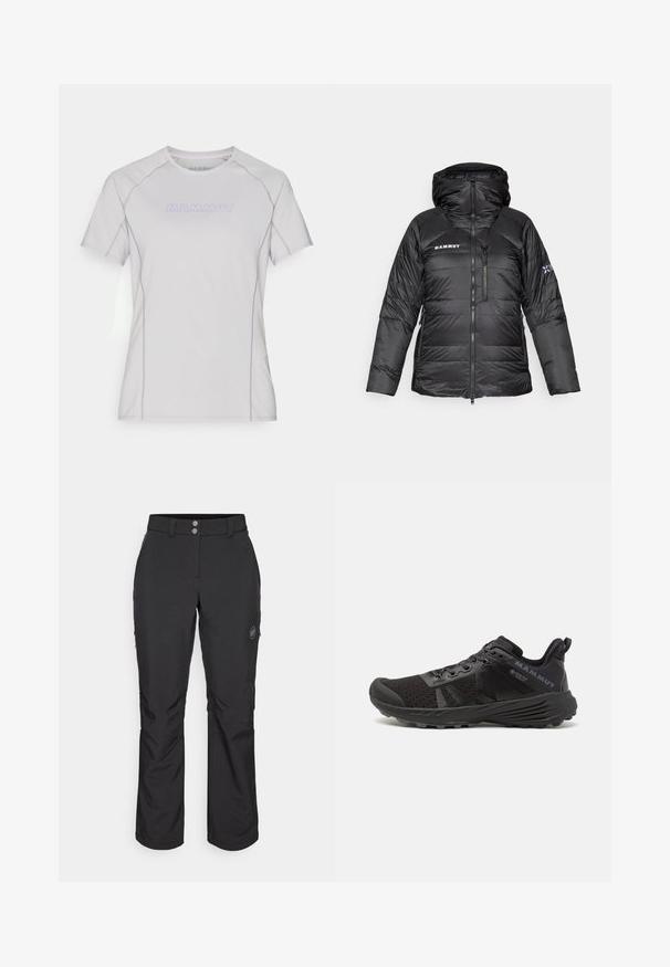 Czarna kurtka puchowa z zamkiem błyskawicznym, regulowanym kapturem i logo Mammut. Posiada pikowaną konstrukcję oraz boczne kieszenie dla zwiększenia funkcjonalności.; Jasnoszara koszulka z krótkim rękawem i okrągłym dekoltem, z fioletowymi akcentami i logo 'MAMMUT' na przodzie. Miękki, gładki materiał.; Czarne spodnie outdoorowe o prostym kroju, z zapięciem na guzik, zapinanymi na zamek bocznymi kieszeniami oraz naszywką z logo na lewej udzie.; Czarne buty biegowe z teksturowaną siateczkową cholewką, wzmocnionym czubkiem i gumową podeszwą. Wyposażone w system sznurowania oraz detal logo po boku.