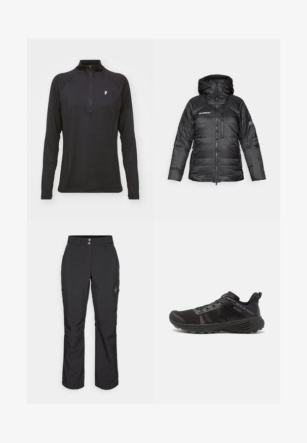 Svart pufferjacka med dragkedja, justerbar huva och Mammut-logotyp. Har en kviltad design och sidofickor för praktisk användning.; Svart långärmad tröja med kvartslång dragkedja, med en slät textur och figurnära design. Utrustad med raglanärmar och en liten vit logotyp på bröstet.; Svarta utomhusbyxor med rak passform, med knappstängning, fickor med dragkedja på sidan och en logotypapplikation på vänster lår.; Svart löparsko med en texturerad mesh-överdel, förstärkt tåhätta och gummisula. Har snörningssystem och logodetaljer på sidan.
