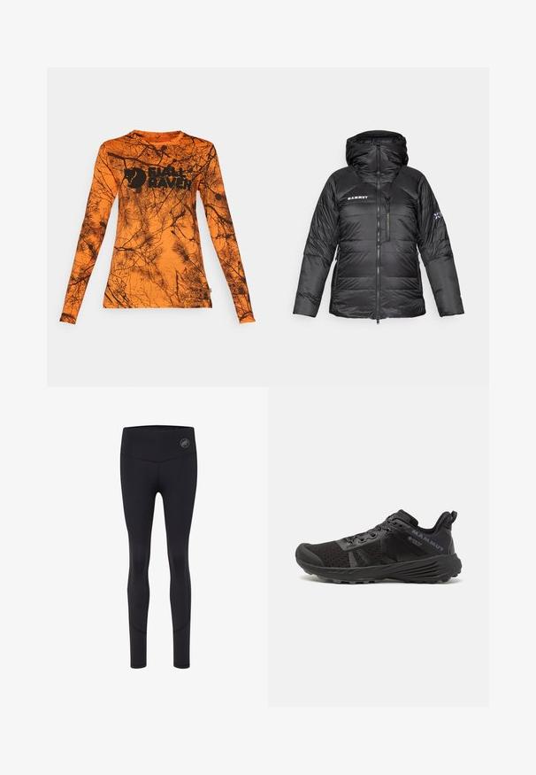 Giacca a vento nera imbottita con chiusura a zip, cappuccio regolabile e logo Mammut. Presenta un design trapuntato e tasche laterali per la praticità.; Camicia a manica lunga di un brillante arancione con motivo di ramificazioni nere. Presenta il logo Fjällräven sulla parte anteriore. Tessuto leggero e liscio.; Leggings neri sportivi con vita alta, dotati di un logo sul davanti, texture liscia e design aderente.; Scarpa da corsa nera con tomaia in rete testurizzata, puntale rinforzato e suola in gomma. Presenta un sistema di allacciatura e dettagli del logo sul lato.