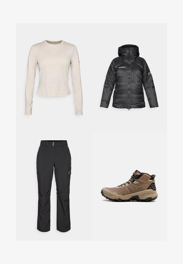 Schwarze Pufferjacke mit Reißverschluss, verstellbarem Kapuzen und Mammut-Logo. Verfügt über ein gestepptes Design und Seitentaschen für zusätzlichen Nutzen.; Langärmliges Oberteil in einem hellbeigen Farbton, mit einem strukturierten Muster aus sich kreuzenden Linien, Rundhalsausschnitt und schlanker Passform.; Schwarze Outdoor-Hosen mit geradem Schnitt, Knopfverschluss, seitlichen Reißverschlusstaschen und einem Logo-Patch auf dem linken Oberschenkel.; Hochschnittige Wanderschuhe aus braunem Synthetikmaterial mit strukturiertem Mesh, schwarzen Akzenten und einer robusten Sohle, die für Traktion ausgelegt ist.