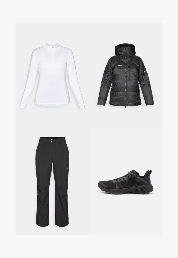 Chaqueta de plumas negra con cierre de cremallera, capucha ajustable y logo de Mammut. Cuenta con un diseño acolchado y bolsillos laterales para mayor comodidad.; Camisa atlética blanca de manga larga con cuello con cremallera. Presenta un diseño sin costuras y un ajuste ceñido, adecuado para actividades al aire libre.; Pantalones exteriores negros de corte recto, con cierre de botón, bolsillos laterales con cremallera y un parche con el logotipo en el muslo izquierdo.; Zapatilla de running negra con parte superior de malla texturizada, puntera reforzada y suela de goma. Presenta un sistema de cordones y detalles del logo en el costado.