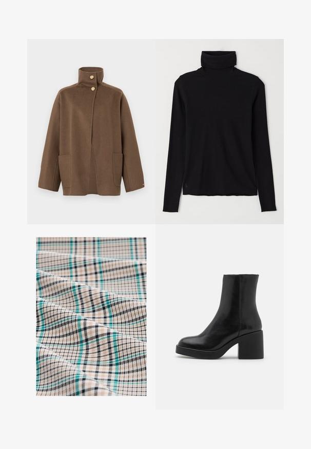 Brązowa wełniana kurtka z wysokim kołnierzem, dwoma złotymi guzikami, długimi rękawami i przednimi kieszeniami na łatki na tle białym.; Czarny sweter typu golf wykonaną z prążkowanej tkaniny. Długie rękawy, dopasowany krój oraz lekko luźny dół, bez widocznych wzorów i elementów metalowych.; Tkanina w kratę w odcieniach beżu, czerni i teal. Posiada wzór siatki z cienkimi liniami i teksturowaną powierzchnię, prezentującą mieszankę krat i pasków.; Czarny skórzany półbut z okrągłym noskiem i masywnym obcasem. Gładka faktura, minimalistyczny design, brak widocznych elementów metalowych lub akcentów.
