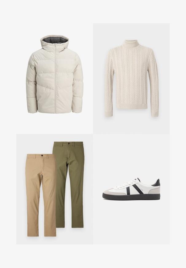 Veste matelassée de couleur beige clair avec un col montant et une fermeture éclair. Présente un design matelassé et des poignets élastiques. Tissu léger.; Pull en tricot beige avec un col roulé haut et côtelé. Présente un motif en maille torsadée texturé et des poignets et ourlet côtelés, offrant une apparence chaleureuse.; Pantalons en coton beige et vert olive, coupe droite, avec passants de ceinture, braguette zippée et fermeture à bouton, offrant une texture lisse.; Baskets blanches avec des accents noirs et gris, présentant un embout texturé gris, une semelle en caoutchouc noir et des lacets plats blancs. Design épuré, style minimaliste.