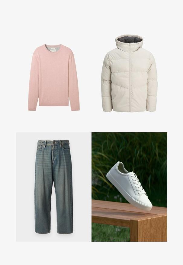 Zateplená bunda ve světle béžové barvě s vysokým límcem a zipovým uzávěrem. Obsahuje prošívaný design a elastické manžety. Lehce svršek.; Světle růžový pletený svetr s kulatým výstřihem a dlouhými rukávy. Hladká textura s vroubkovanými manžetami a lemem, minimální branding.; Světle modré denimové džíny s volným střihem, středně vysokým pasem a rovnými nohavicemi. Obsahují pět kapes, poutka na opasek a zapínání na knoflík.; Bílé šněrovací tenisky, které se vznášejí nad dřevěnou lavicí, s zeleným listím v pozadí, předvádějící design a strukturu boty.