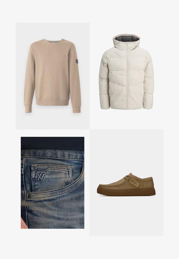 Padded jakna u svijetlosmeđoj boji s visokim ovratnikom i zatvaračem na munju. Ima kvadratni dizajn i elastične manžetne. Lagana tkanina.; TOM TAILOR STRUCTURED CREW NECK - Sportska majica - palm cashmere structure; Plave traperice s izblijedjelom teksturom, s džepom za kovanice i crnim logotipom sprijeda. Pojas je od tamno plave rebraste tkanine.; Svijetlosmeđi nubuk cipele s okruglim vrhom, šavovima detaljima i rebrastom smeškom gumom. Ima bočnu oznaku s "Clarks" logotipom.