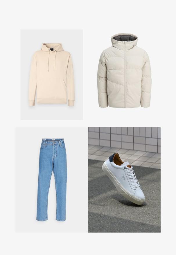 Padded jacket in light beige color with a high collar and zip closure. Features a quilted design and elastic cuffs. Lightweight fabric.; Beige hooded sweatshirt made from soft cotton blend, featuring a front kangaroo pocket and drawstrings at the neckline. Ribbed cuffs and hem.; Light blue high-waist straight-leg jeans with front button, zipper closure, belt loops, and five-pocket design on white background.; White leather sneaker with a navy heel, round toe, and contrasting brown accents. Features flat laces and textured rubber sole.