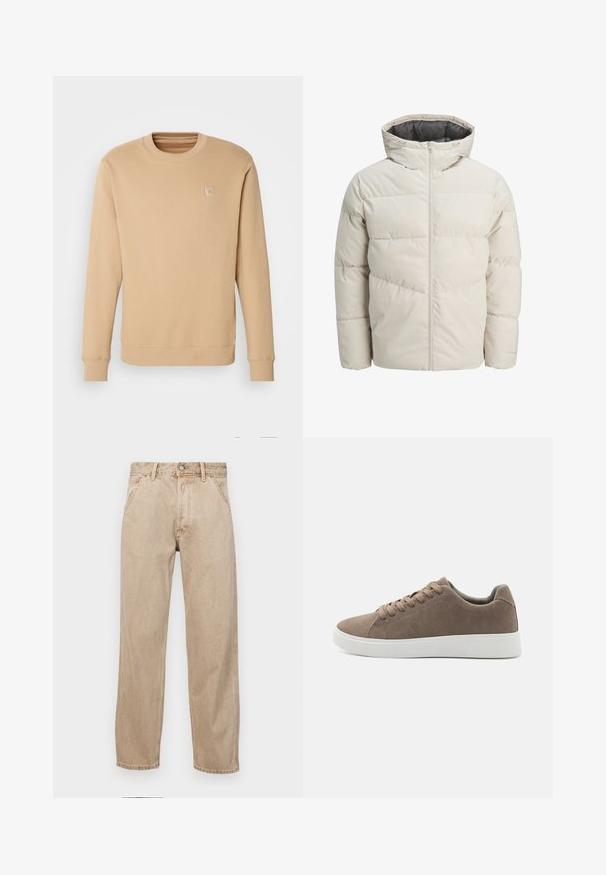 Pružná bunda svetlej béžovej farby s vysokým golierom a zipsom. Má prešívaný dizajn a elastické manžety. Ľahký materiál.; Béžová mikina vyrobená z mäkkého materiálu, s okrúhlym výstrihom, dlhými rukávmi, rebrovanými manžetami a minimálnym výšivom loga na hrudi.; Bežové denimové rifle so strihom rovného nohu, s prednými vreckami, kovovým zapínaním na gombík a jemnou textúrou.; Hnedé semišové tenisky s plochými bielymi gumovými podrážkami, dizajn so šnurovaním, zaoblená špička a hladká textúra. Minimalistický štýl s jemnými švovými detailmi.