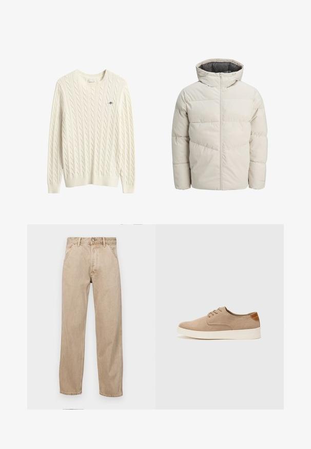Vadderad jacka i ljusbeige färg med hög krage och dragkedjestängning. Har en quiltad design och elastiskaärmavslut. Lättviktsmaterial.; Krämfärgad kabelstickad tröja med ribbad rund halsringning och fåll. Liten logotyp broderad i blått på bröstet. Mjuk, texturerad tyg.; Beige denimjeans med rak passform, som har framfickor, metallknappstängning och subtil textur.; Beige mockasinsneakers med rund tå, snörning fram och texturerad bakaxel. Vit gummisula ger kontrast. Enkelt och modernt design.