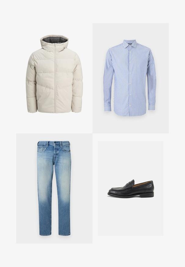 Vaatteet, joissa on vaahtomuovilla vuorattuja takkeja vaaleanbeige värissä, joissa on korkea kaulus ja vetoketjukiinnitys. Takissa on tikattu malli ja elastiset hihansuut. Kevyt kangas.; Sininen ja valkoinen raidallinen nappipaita, jossa on kaulus, pitkät hihat ja suora helma. Pehmeä kangas ja klassinen malli.; Vaaleansiniset farkut haalistuneella pinnalla, suorat lahkeet, viisi taskua ja nappikiinnitys. Ompeleet ja merkkilappu takana.; Mustat nahkaloaferit, joissa on sileä pinta, pyöreä varvas ja koristeompeleet varpaansuojassa. Matala pinottu korko ja hieno kiilto.