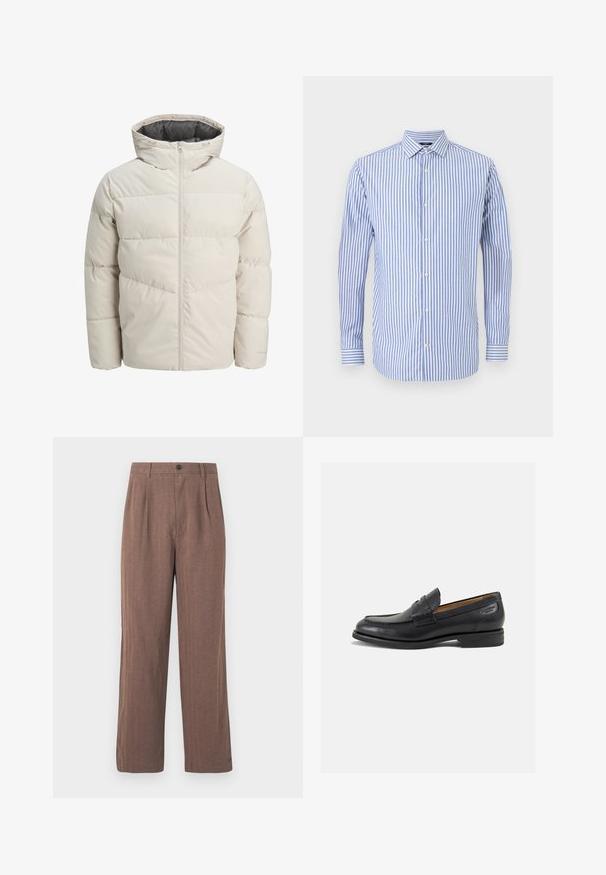 Padded jacket in light beige color with a high collar and zip closure. Features a quilted design and elastic cuffs. Lightweight fabric.; Blue and white striped button-up shirt with a collar, long sleeves, and a straight hem. Soft fabric and classic fit.; Brown, wide-leg trousers made from textured fabric, featuring pleats and a button closure at the waist. Tailored design with clean lines.; Black leather loafers with a smooth finish, rounded toe, and decorative stitching on the vamp. Low stacked heel and slight shine.