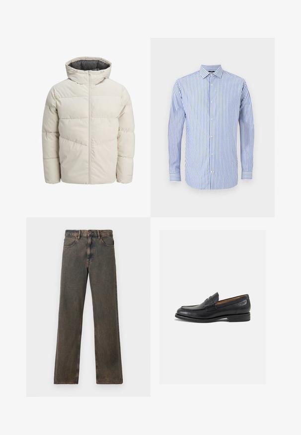 Párnázott dzseki világos bézs színben, magas gallérral és cipzáras záródással. Steppelt dizájn és rugalmas mandzsetta jellemzi. Könnyű anyag.; Kék és fehér csíkos gombos ing, gallérral, hosszú ujjal és egyenes aljjal. Puha anyagból készült klasszikus fazon.; Barna, koptatott egyenes szabású farmernadrág elülső zsebekkel, gombos záródással és övhurkokkal, fehér háttér előtt.; Fekete bőr loaferek sima felülettel, lekerekített orral és díszítő varrással a lábfejen. Alacsony, réteges sarkú és enyhe fényű.