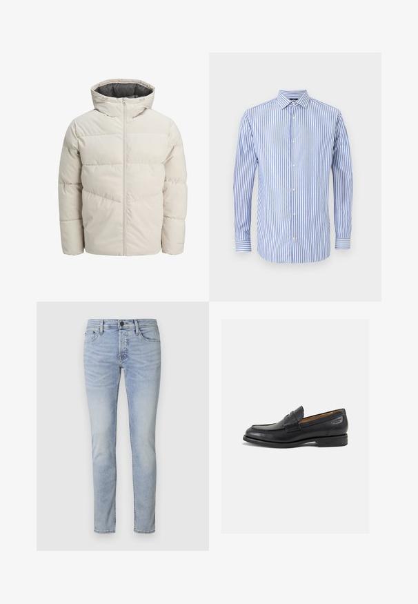 Pufota jaka gaišā bēžā krāsā ar augstu apkakli un rāvējslēdzēja aizdari. Iekļauj kviltotu dizainu un elastīgas aproces. Viegls audums.; Zila un balta svītraina krekls ar pogām, apkakli, garām piedurknēm un taisnu apakšmalu. Mīksta auduma un klasiskā fasonā.; Gaiši zilas džinsas ar šauru piegriezumu, piecām kabatām un ar rāvējslēdzēju. Izceļas ar nelielu izbalējumu un izšūtām detaļām gar šuvēm.; Melnas ādas loafers ar gludu apdari, noapaļotu purngalu un dekoratīvām šuvēm uz virsu. Zems, sakrauta papēža un neliels spīdums.