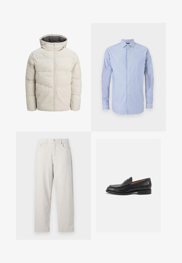 Giacca imbottita di colore beige chiaro con colletto alto e chiusura con zip. Presenta un design trapuntato e polsini elasticizzati. Tessuto leggero.; Camicia button-up a righe blu e bianche con colletto, maniche lunghe e orlo dritto. Tessuto morbido e vestibilità classica.; Jeans alti in beige chiaro con design a gamba dritta. Realizzati in un spesso tessuto di cotone con ampie tasche frontali e un unico bottone in metallo.; Mocassini in pelle nera con finitura liscia, punta arrotondata e cuciture decorative sulla tomaia. Tacco basso impilato e leggero lucido.